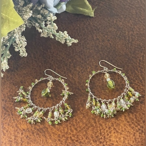 Peridot & Citrine Hollow Out Round Beaded Fringe Drop Dangle Earrings - Picture 3 of 4